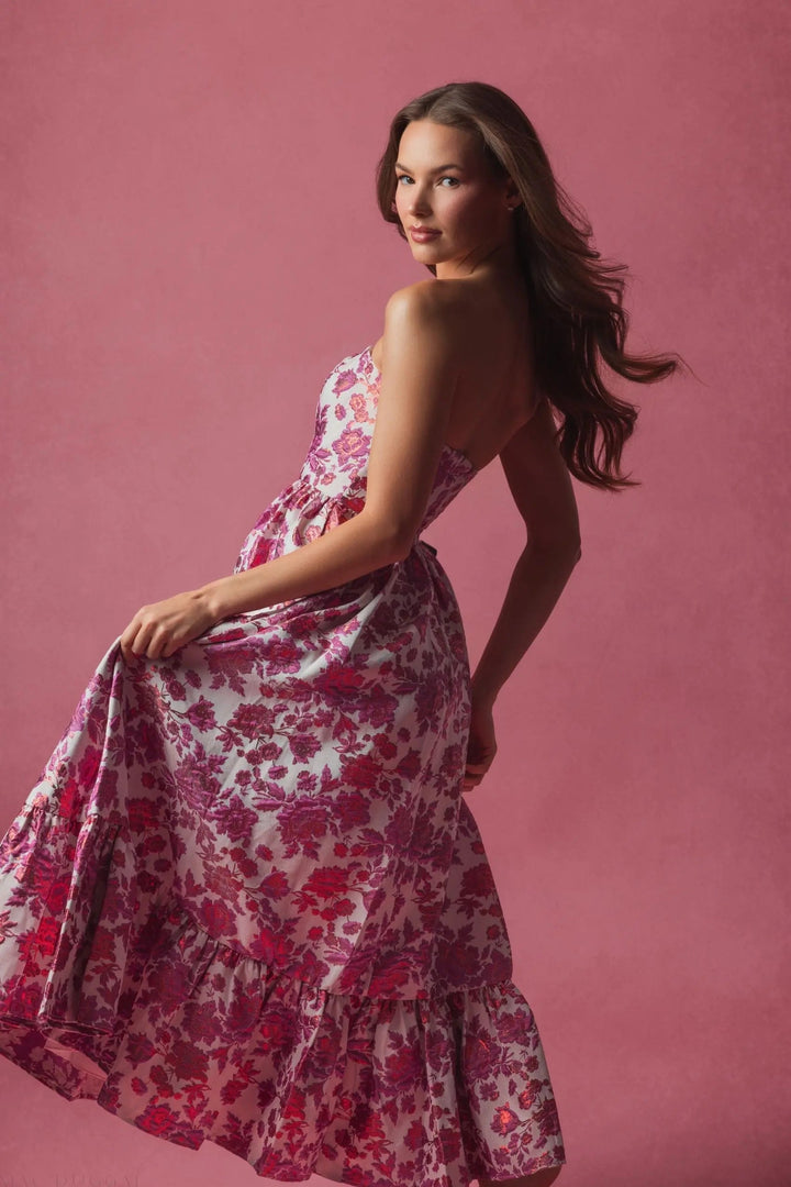 Pink Floral Brocade Strapless A Line Midi Dress - FOSTANI.com