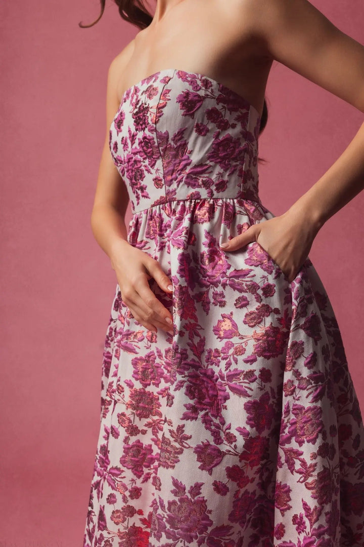 Pink Floral Brocade Strapless A Line Midi Dress - FOSTANI.com