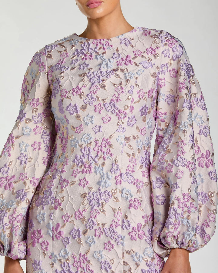 Purple Floral Brocade Balloon Sleeve Mini Dress - FOSTANI.com