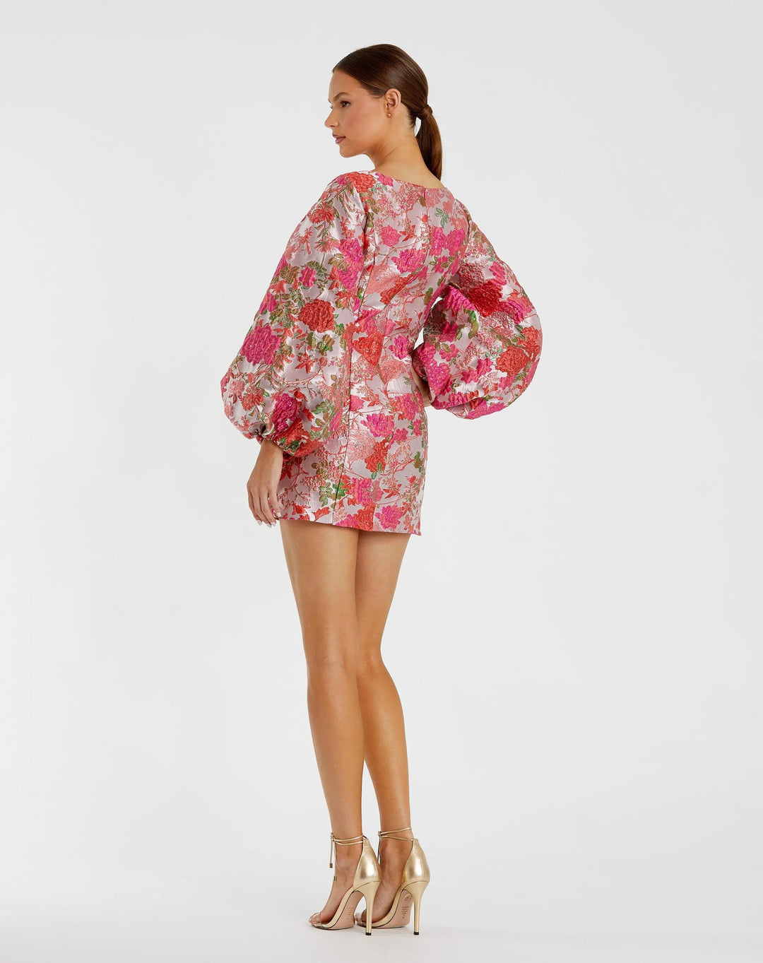 Pink Floral Brocade Balloon Sleeve Mini Dress - FOSTANI.com