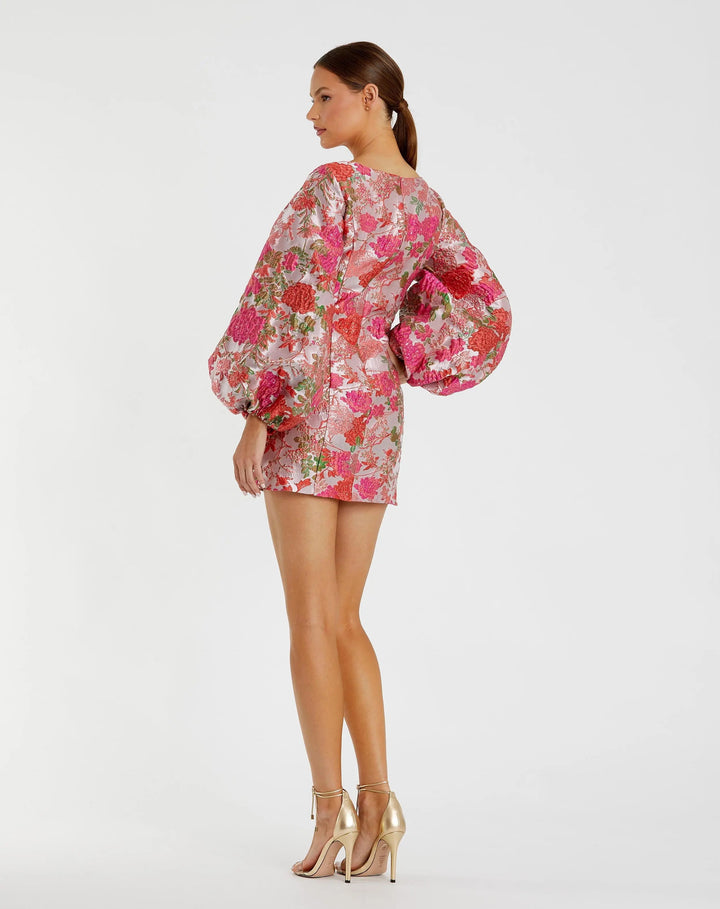 Pink Floral Brocade Balloon Sleeve Mini Dress - FOSTANI.com