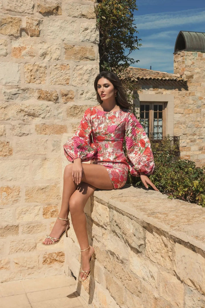 Pink Floral Brocade Balloon Sleeve Mini Dress - FOSTANI.com