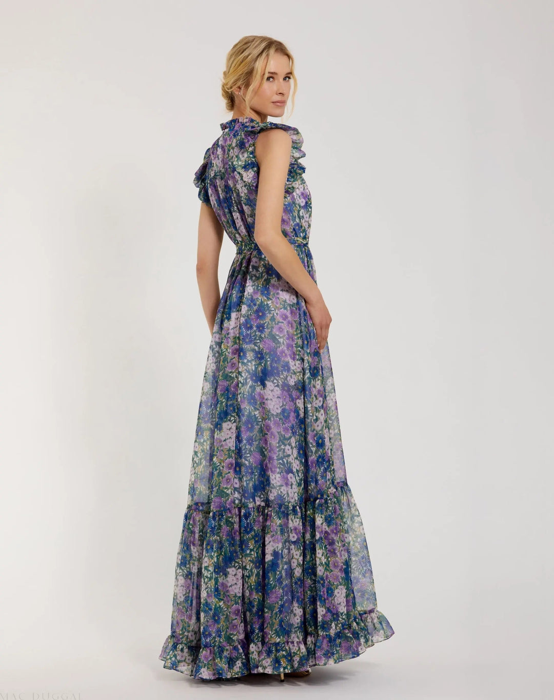 Purple Printed Chiffon Ruffle Sleeve Maxi Dress with Bow Belt - FOSTANI.com