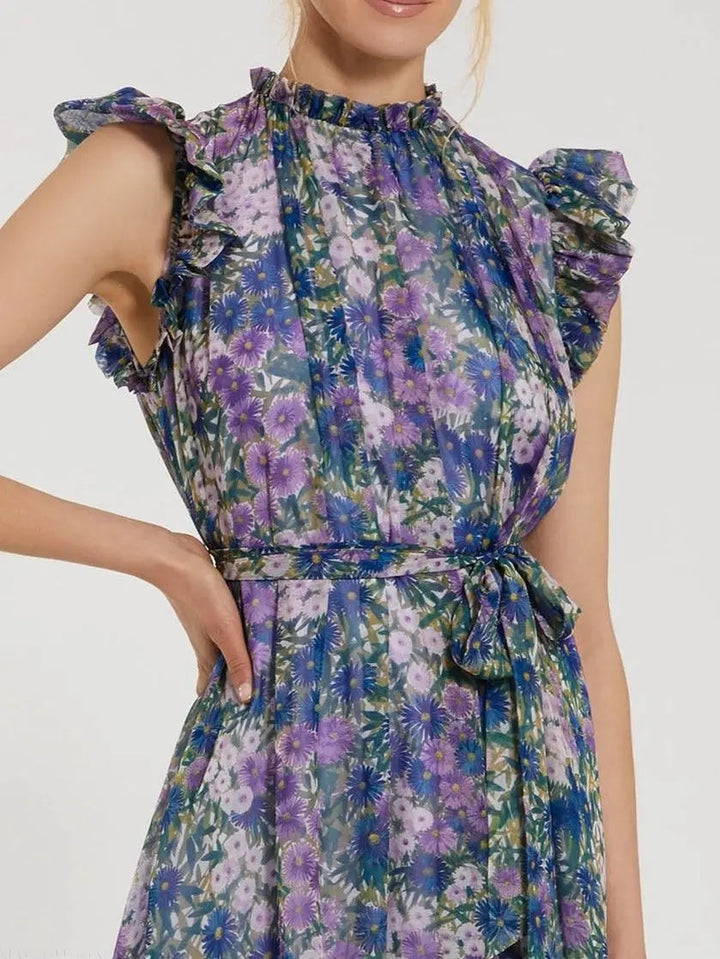 Purple Printed Chiffon Ruffle Sleeve Maxi Dress with Bow Belt - FOSTANI.com