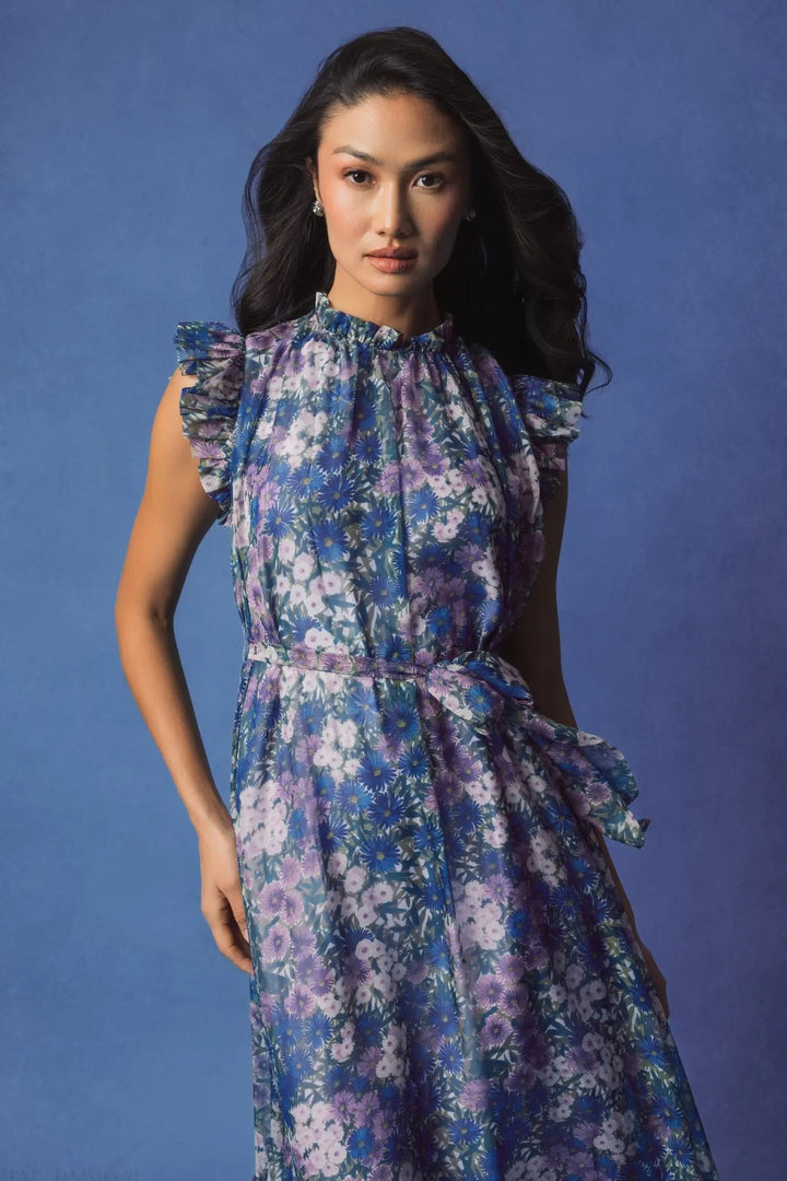 Purple Printed Chiffon Ruffle Sleeve Maxi Dress with Bow Belt - FOSTANI.com