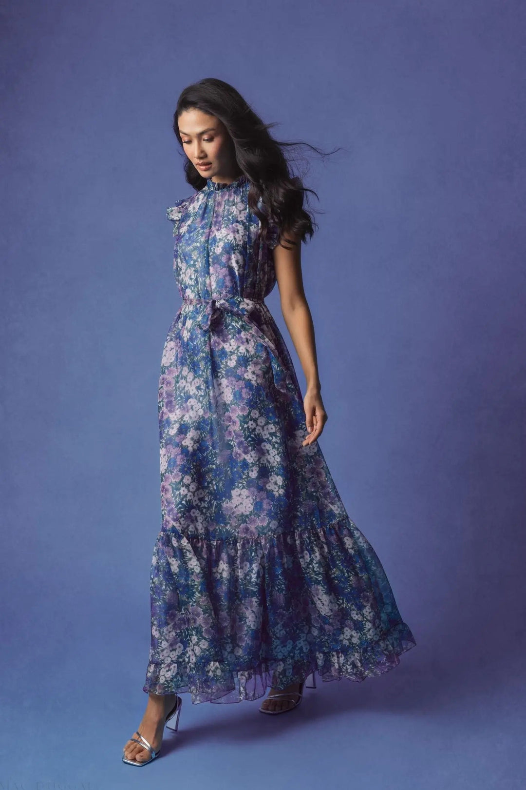 Purple Printed Chiffon Ruffle Sleeve Maxi Dress with Bow Belt - FOSTANI.com