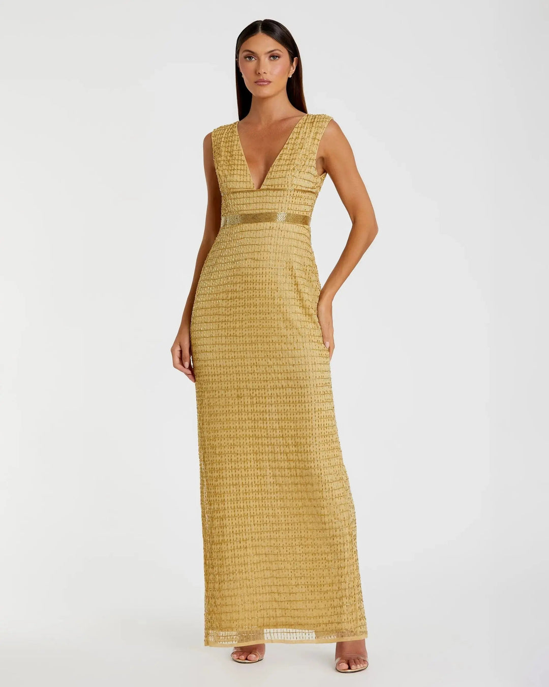 Gold Beaded Cap Sleeve V Neck Column Gown - FOSTANI.com