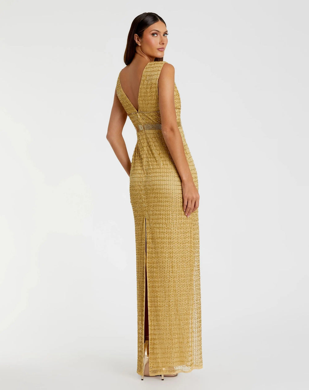Gold Beaded Cap Sleeve V Neck Column Gown - FOSTANI.com