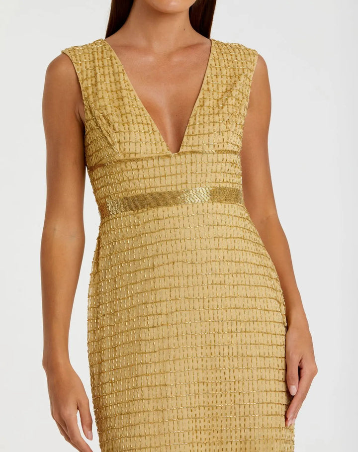 Gold Beaded Cap Sleeve V Neck Column Gown - FOSTANI.com