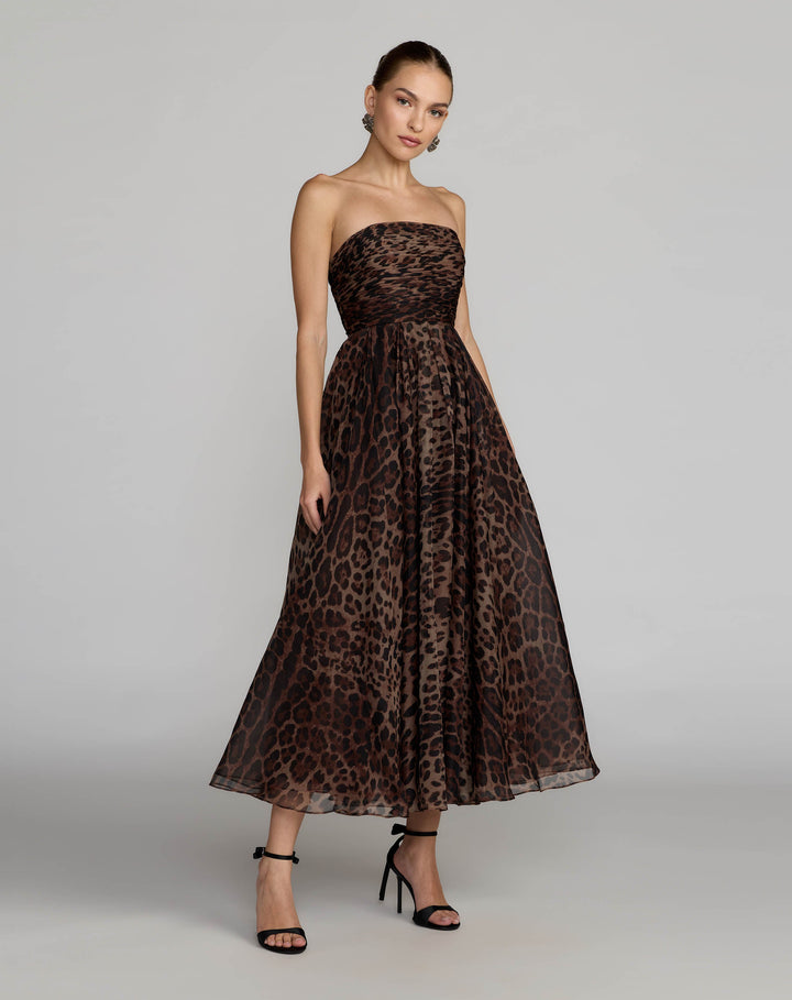 Mac Duggal 56350 Leopard Strapless A-Line Chiffon Midi Dress