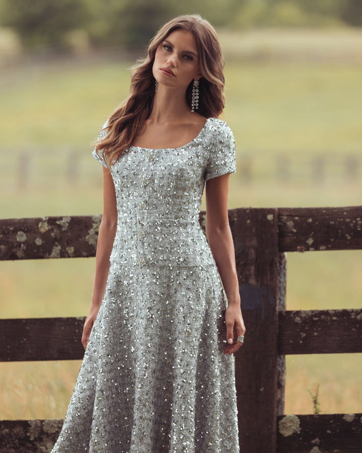 Mac Duggal 56451 Sequin Button Up Boucle Midi Dress