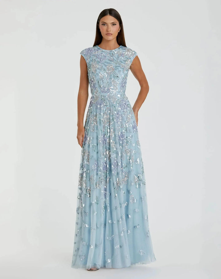 Blue Sequined High Neck Cap Sleeve A Line Gown - FOSTANI.com