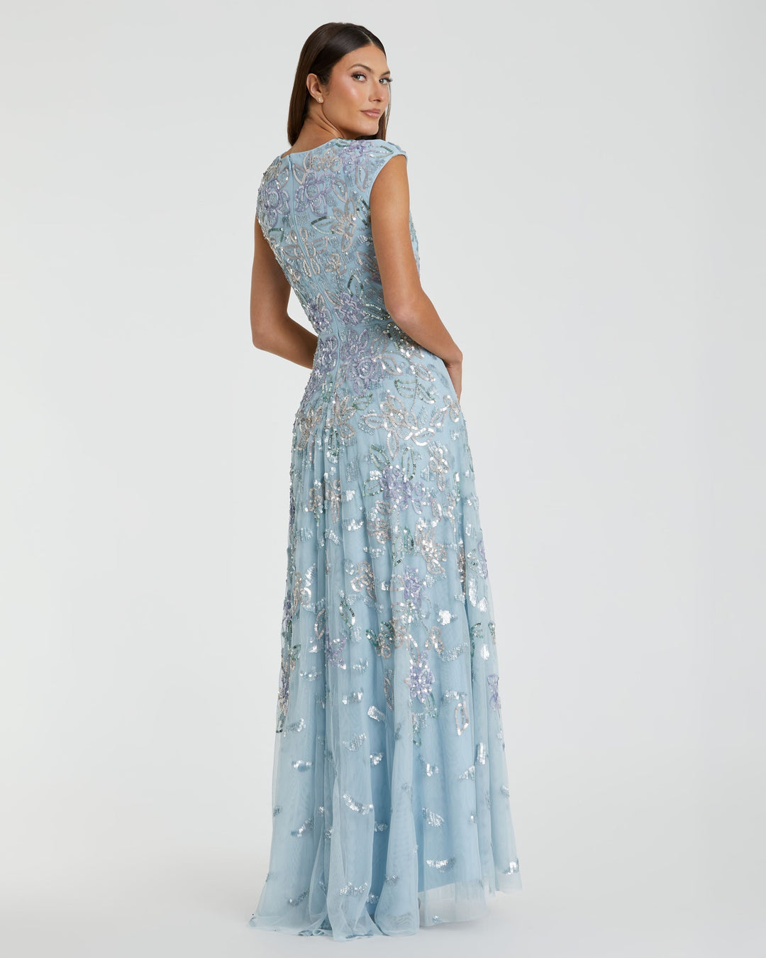 Blue Sequined High Neck Cap Sleeve A Line Gown - FOSTANI.com