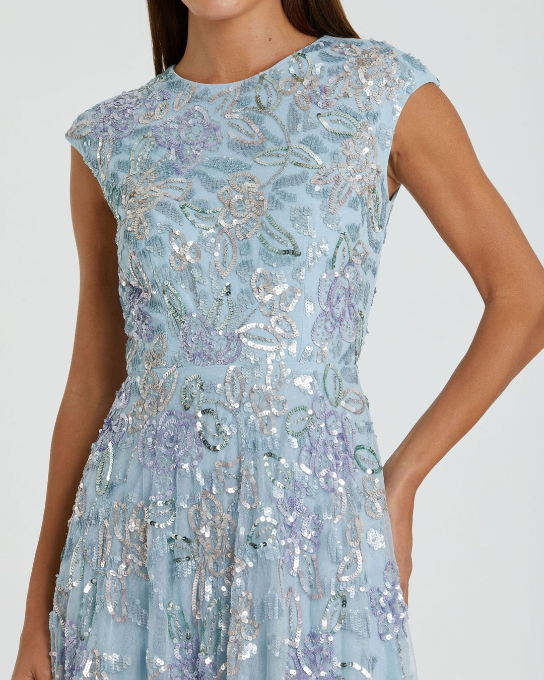 Blue Sequined High Neck Cap Sleeve A Line Gown - FOSTANI.com