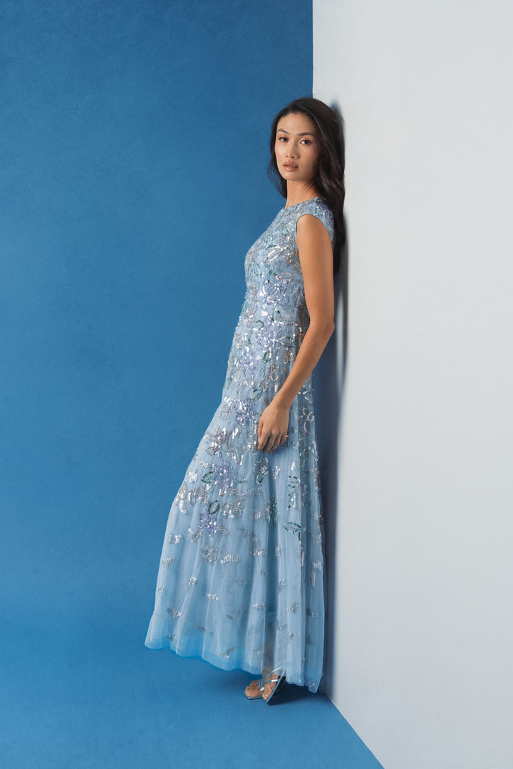 Blue Sequined High Neck Cap Sleeve A Line Gown - FOSTANI.com