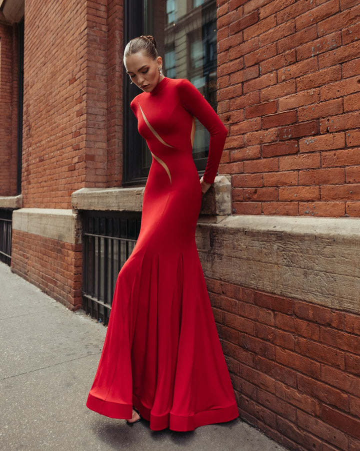 Mac Duggal 56535 Mock Neck Long Sleeve Cut Out Jersey Gown