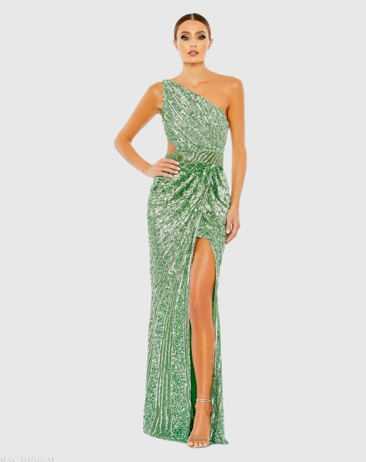 Mac Duggal 5687 Green Sequined One Shoulder Draped Lace Up Gown