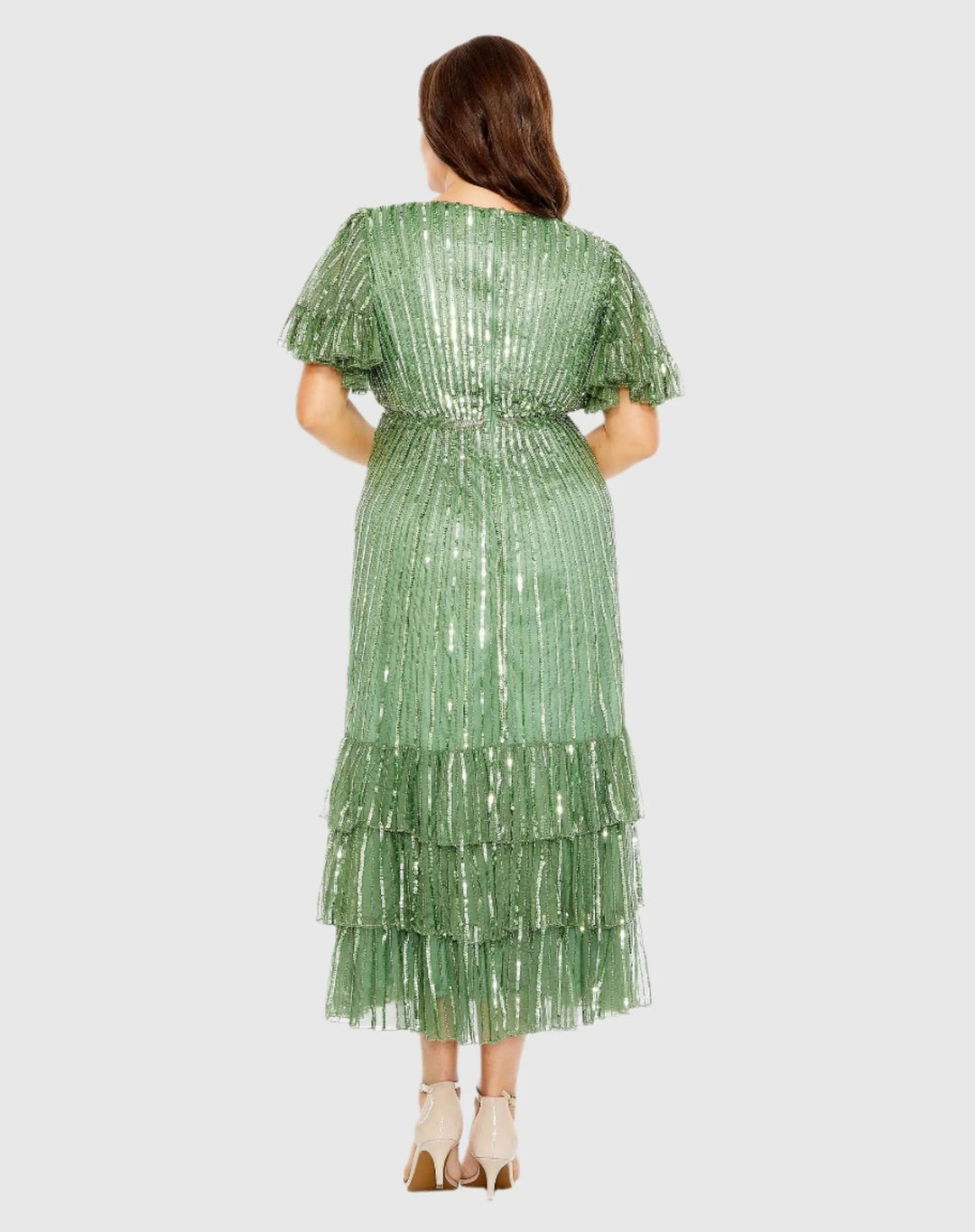 Mac Duggal 5785 Sequin Faux Wrap Flutter Sleeve Ruffle Dress (Plus)