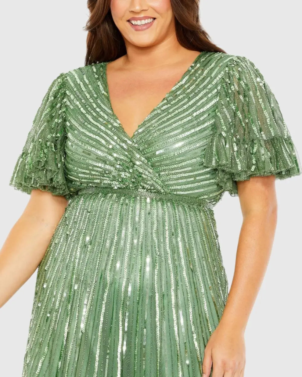 Mac Duggal 5785 Sequin Faux Wrap Flutter Sleeve Ruffle Dress (Plus)
