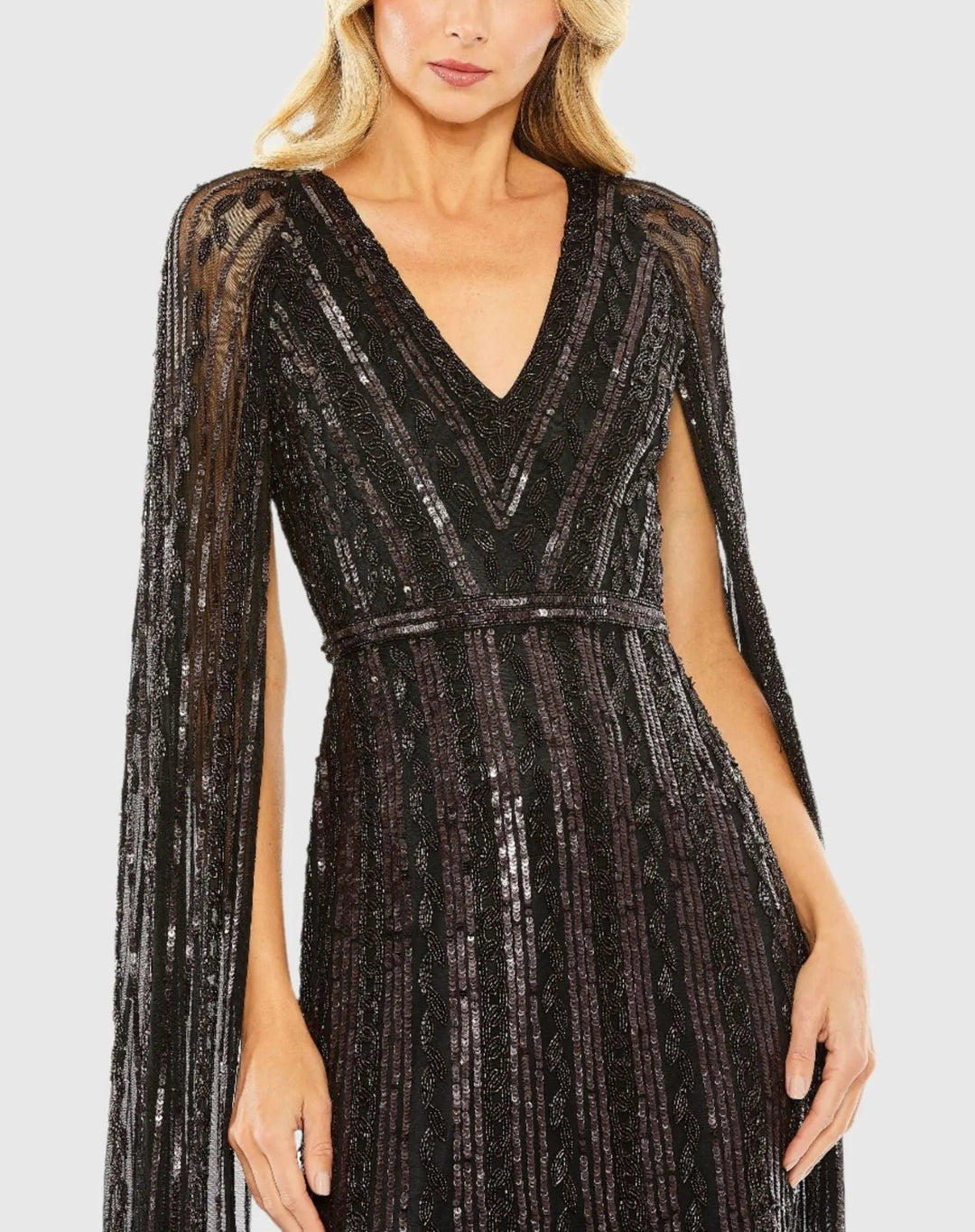Mac Duggal 5915 Sequined V-Neck Gown with Cape Sleeves