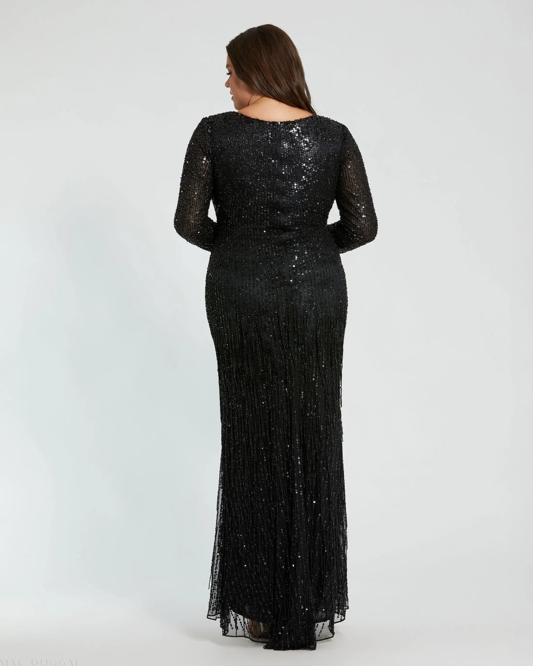 Mac Duggal 5947 Black Long Sleeve V-Neck Beaded Fringe Gown