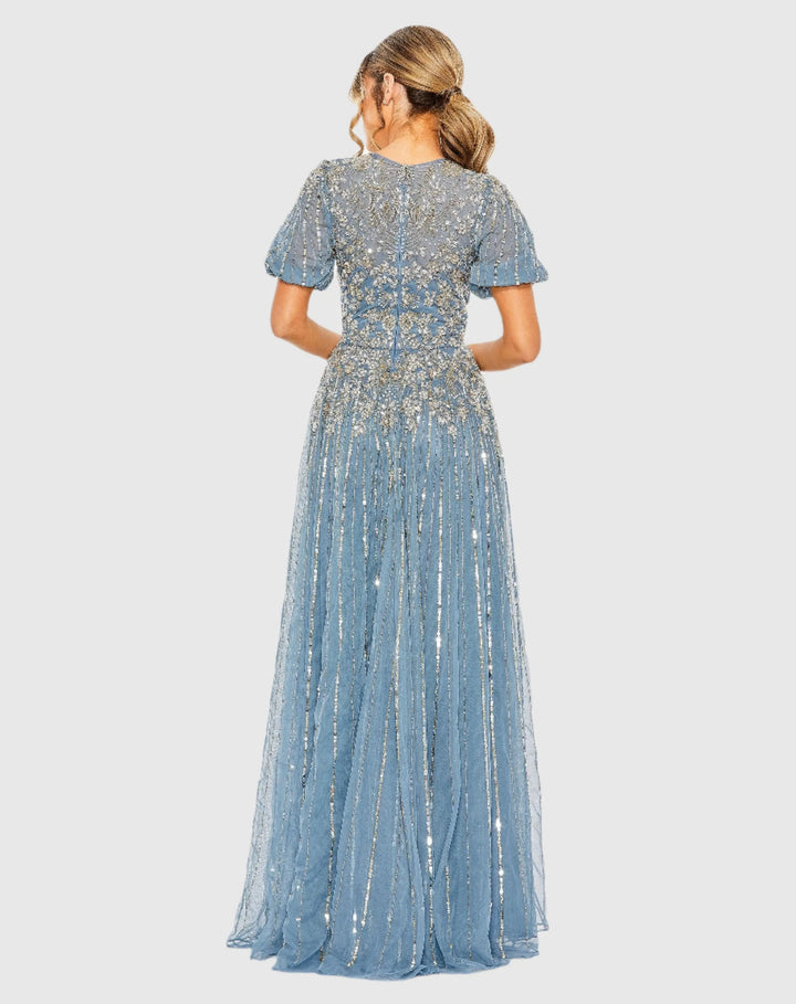 Mac Duggal 5991 High Neck Puff Sleeve Embellished A Line Gown