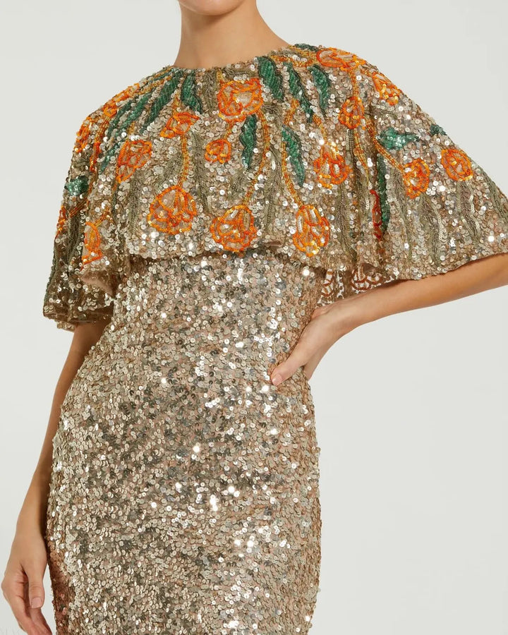 Mac Duggal 6120 Embellished Gown With Floral Beaded Shawl
