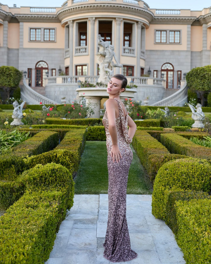 Mac Duggal 6145 Brown Ombre Sequin Cowl Back Gown