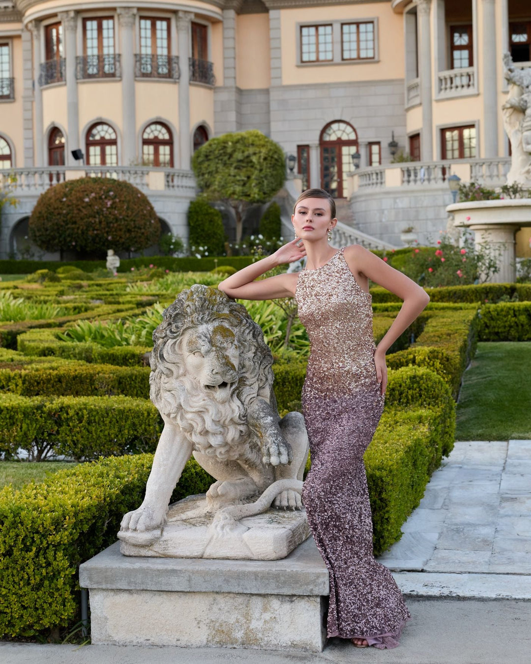 Mac Duggal 6145 Brown Ombre Sequin Cowl Back Gown