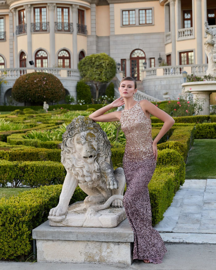 Mac Duggal 6145 Brown Ombre Sequin Cowl Back Gown