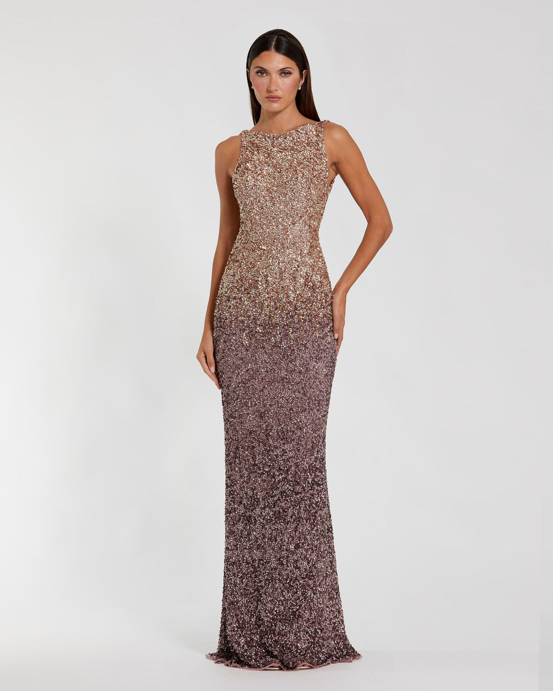 Mac Duggal 6145 Brown Ombre Sequin Cowl Back Gown