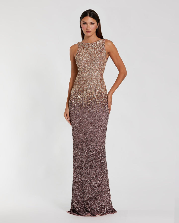 Mac Duggal 6145 Brown Ombre Sequin Cowl Back Gown