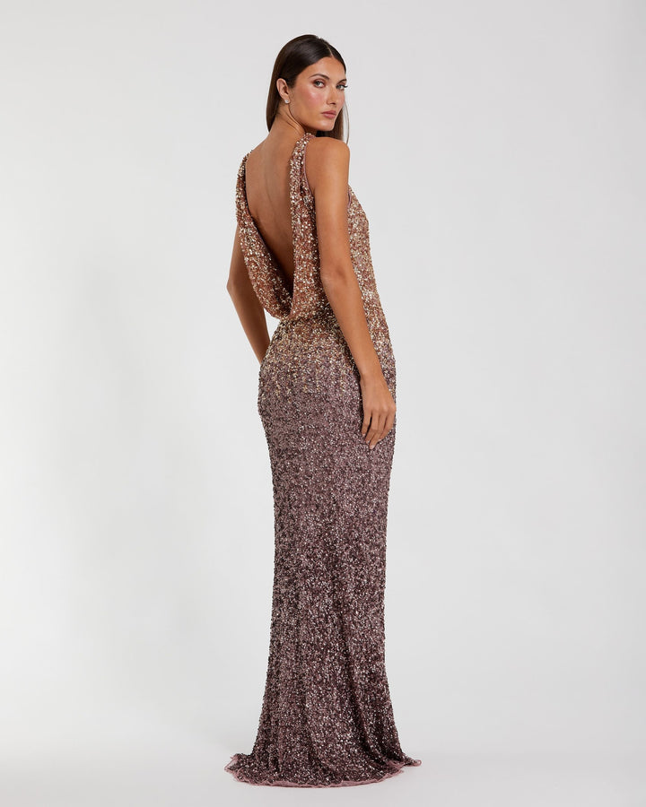Mac Duggal 6145 Brown Ombre Sequin Cowl Back Gown