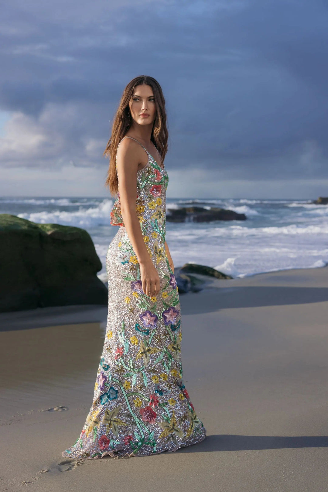 Silver Embellished Sleeveless Cowl Back Gown - FOSTANI.com
