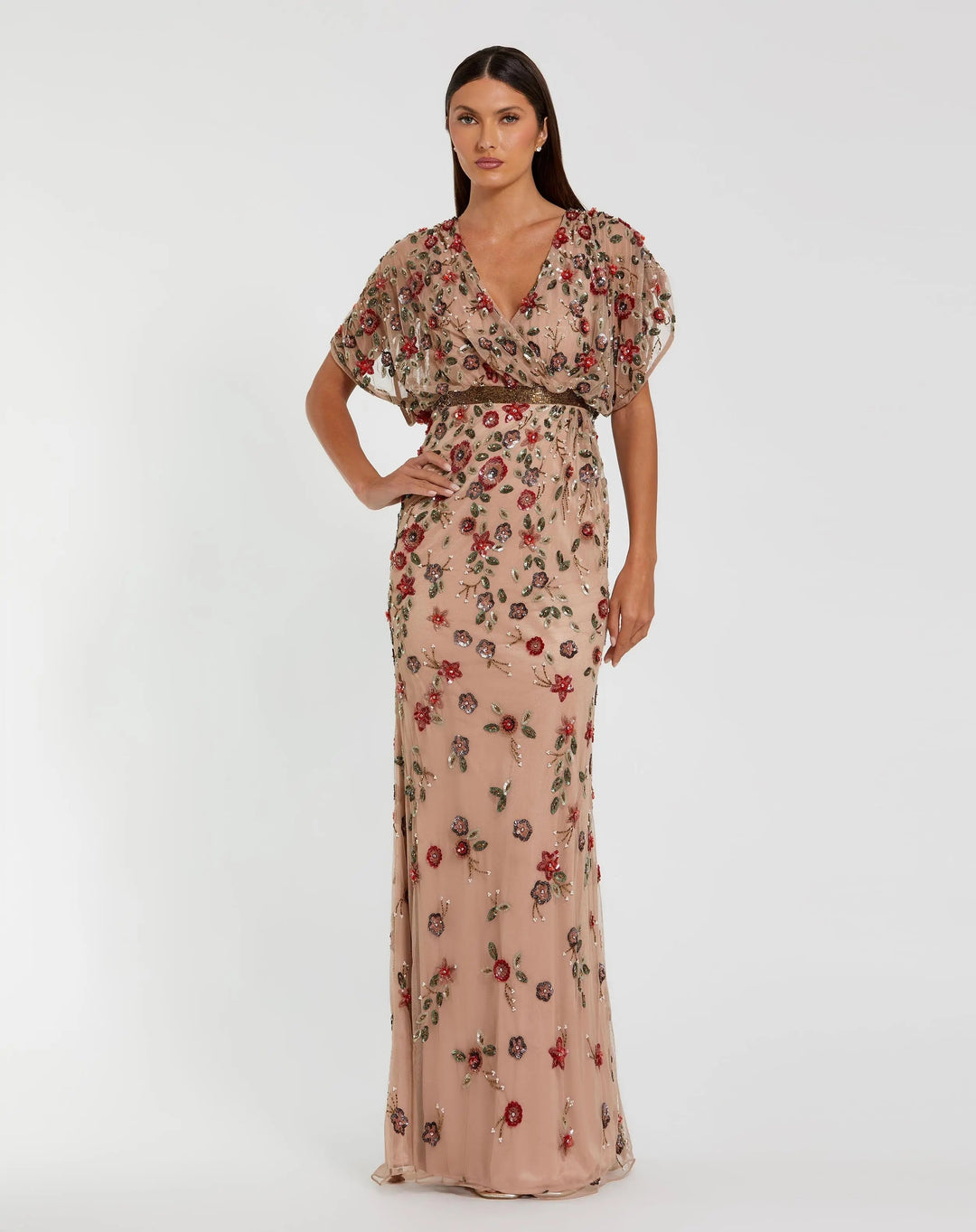 Beige Floral Embellished Short Sleeve Blouson Gown - FOSTANI.com