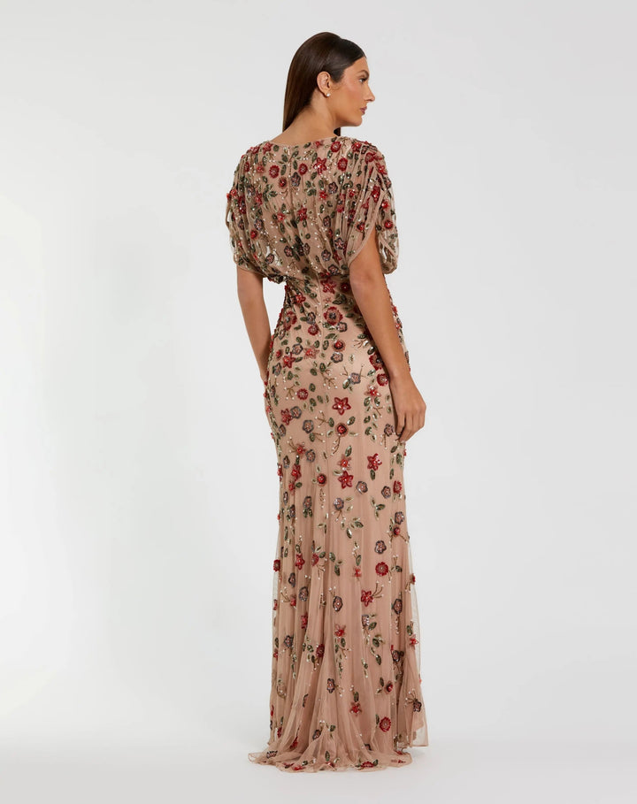 Beige Floral Embellished Short Sleeve Blouson Gown - FOSTANI.com