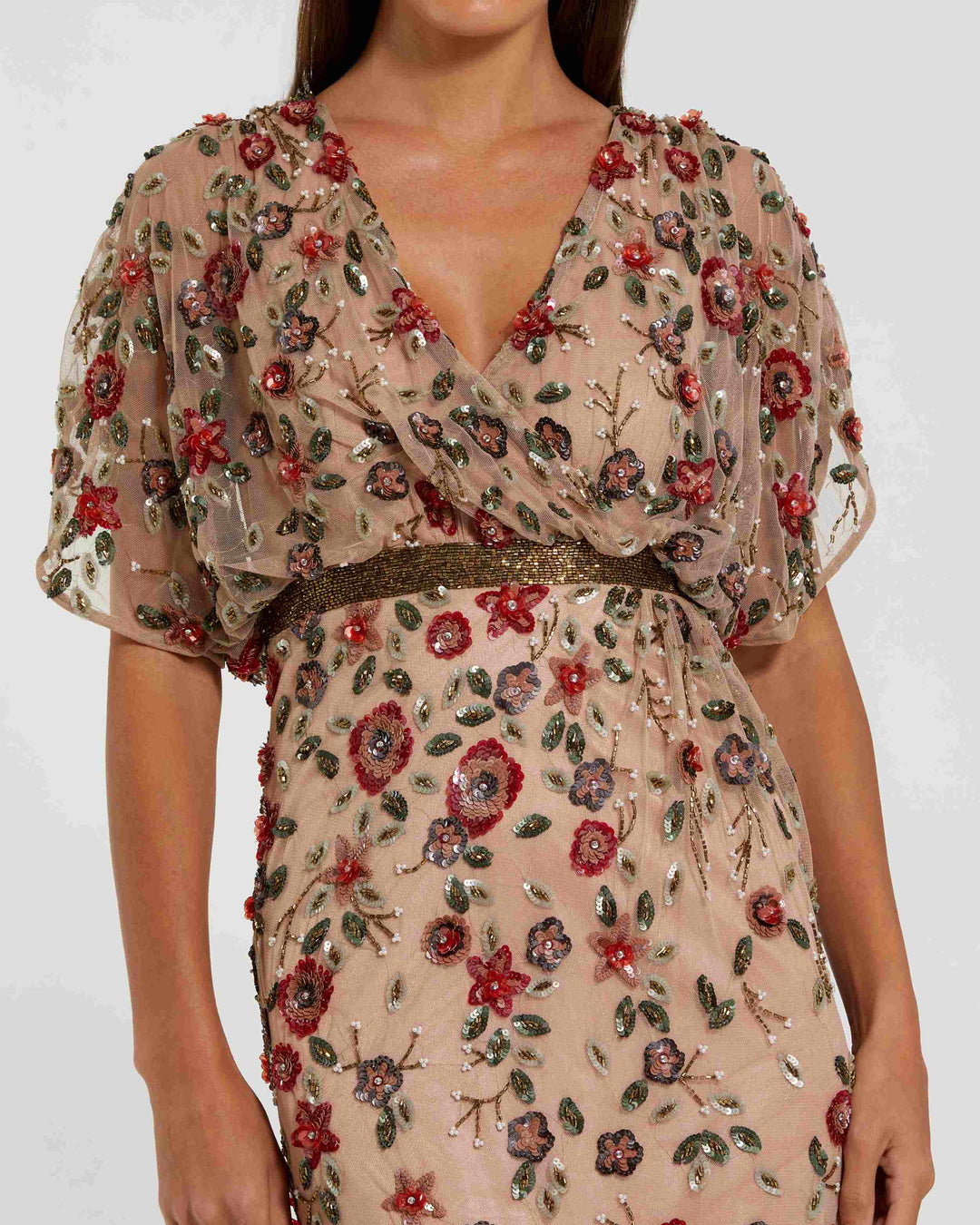 Beige Floral Embellished Short Sleeve Blouson Gown - FOSTANI.com