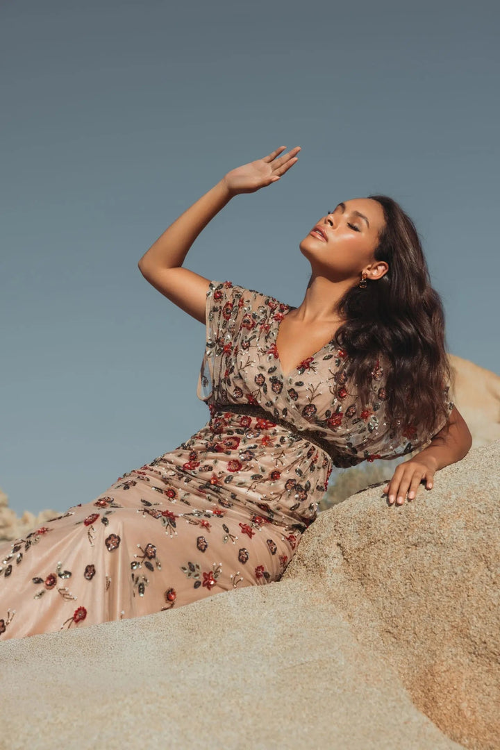 Beige Floral Embellished Short Sleeve Blouson Gown - FOSTANI.com