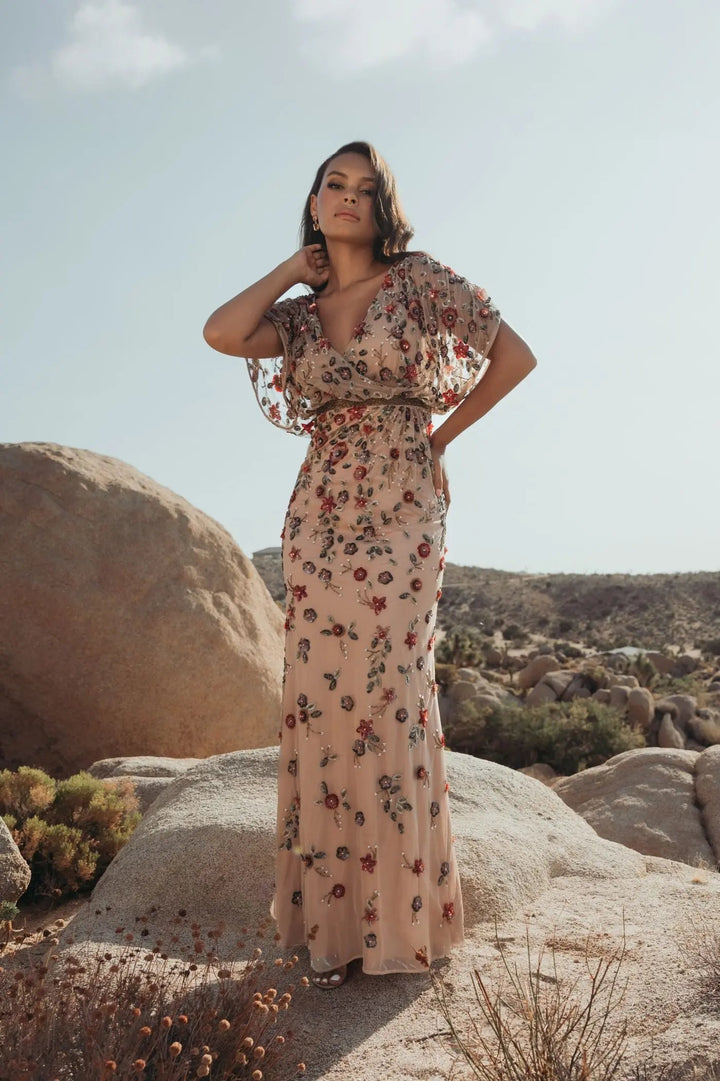 Beige Floral Embellished Short Sleeve Blouson Gown - FOSTANI.com