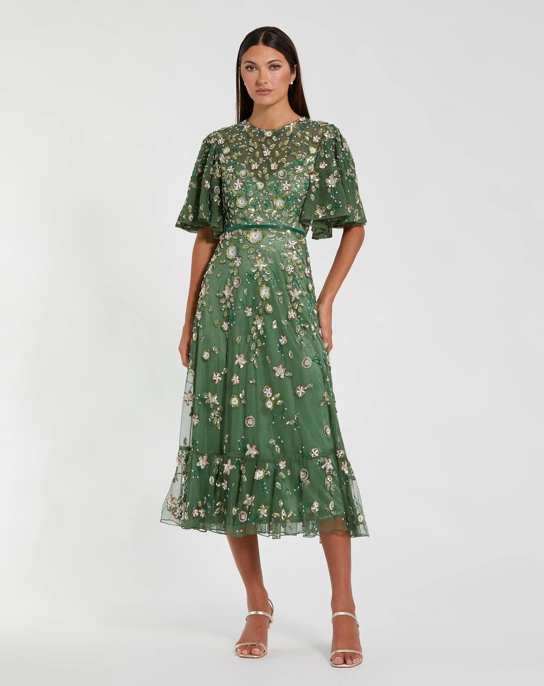 Green Floral Embellished Flutter Sleeve Midi Dress - FOSTANI.com