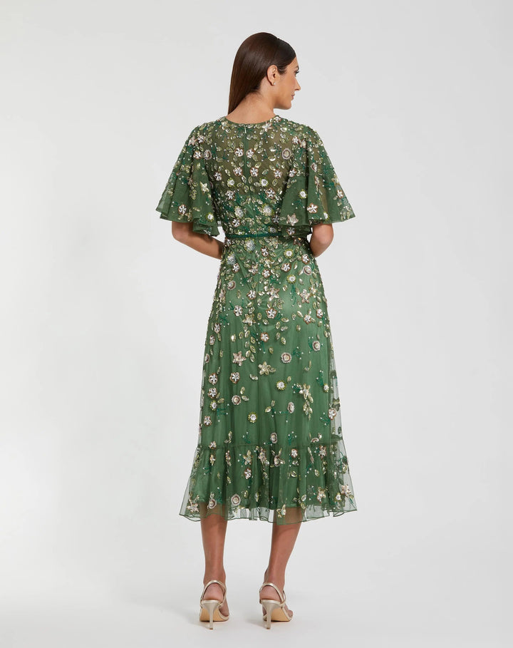 Green Floral Embellished Flutter Sleeve Midi Dress - FOSTANI.com