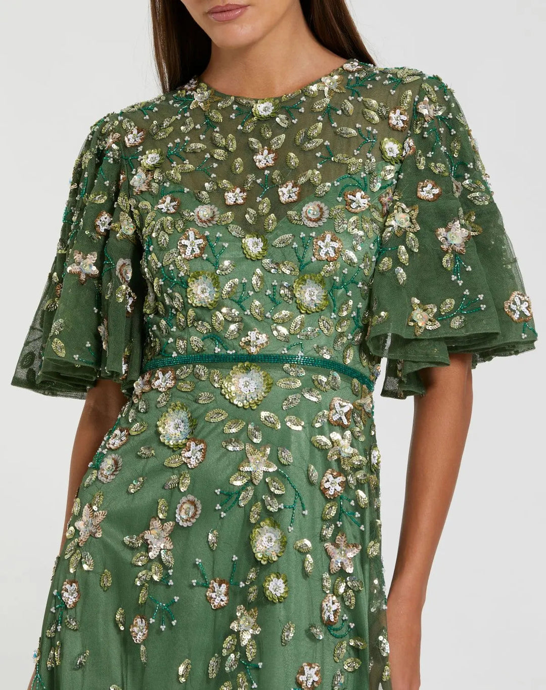 Green Floral Embellished Flutter Sleeve Midi Dress - FOSTANI.com