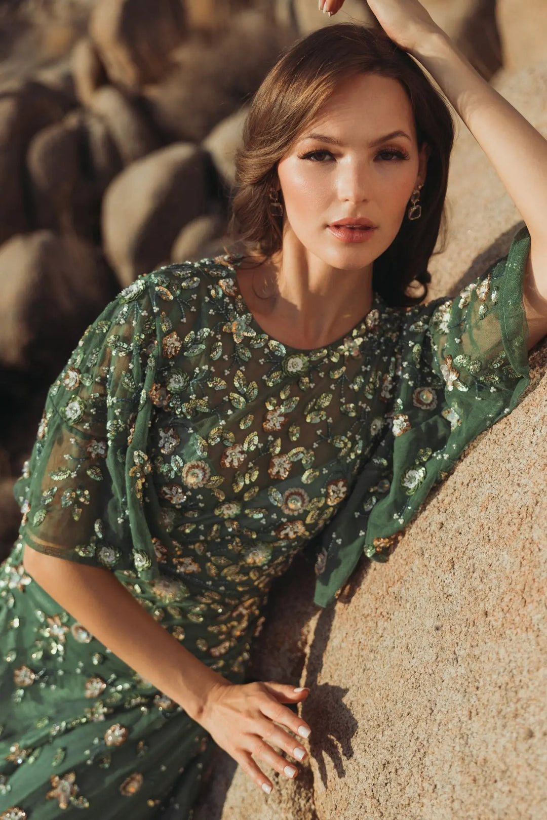 Green Floral Embellished Flutter Sleeve Midi Dress - FOSTANI.com