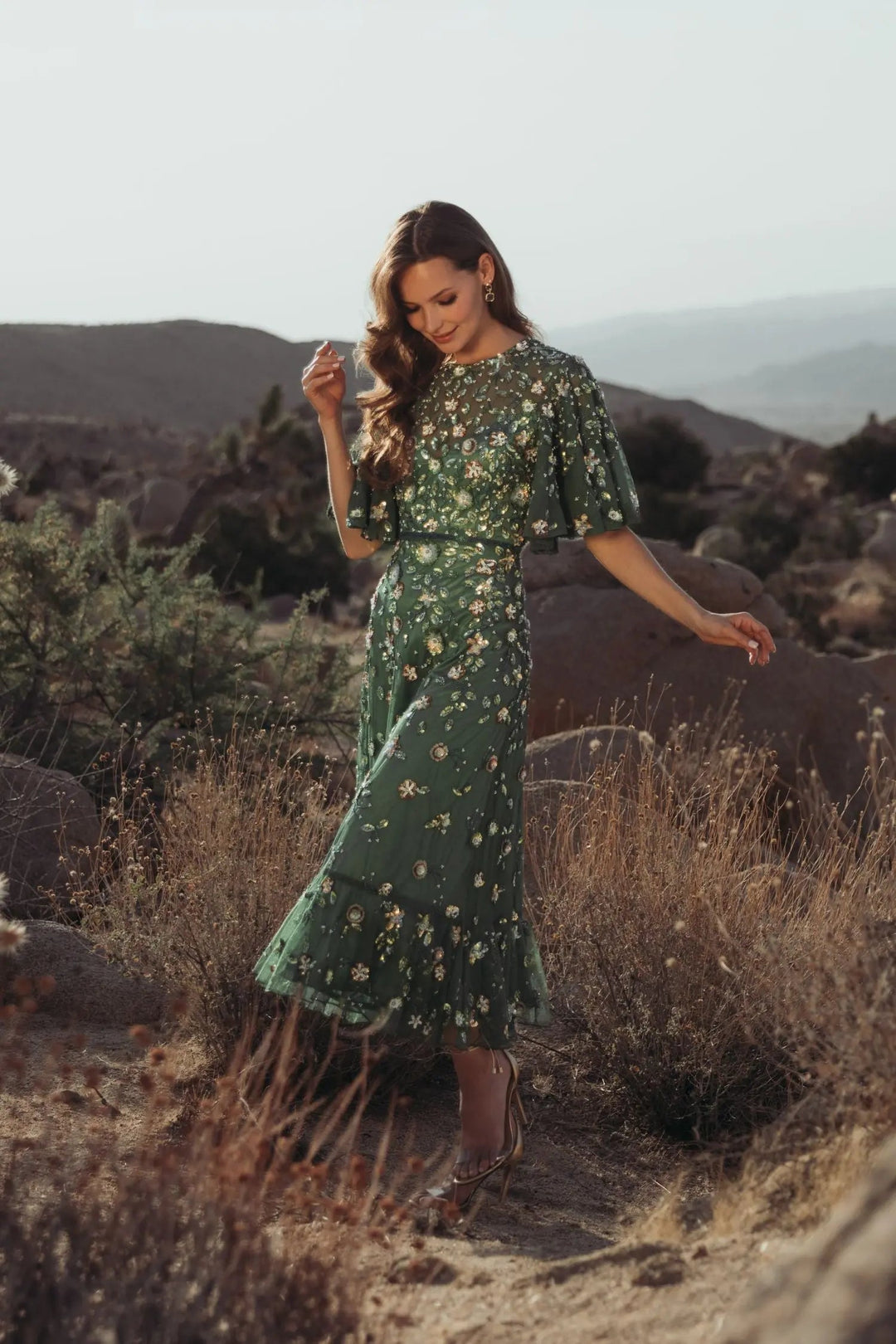 Green Floral Embellished Flutter Sleeve Midi Dress - FOSTANI.com