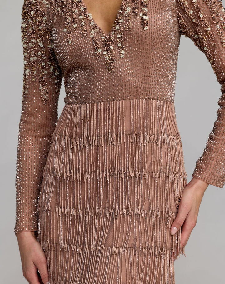 Mac Duggal 6188 Beaded Long Sleeve Fringe Column Gown