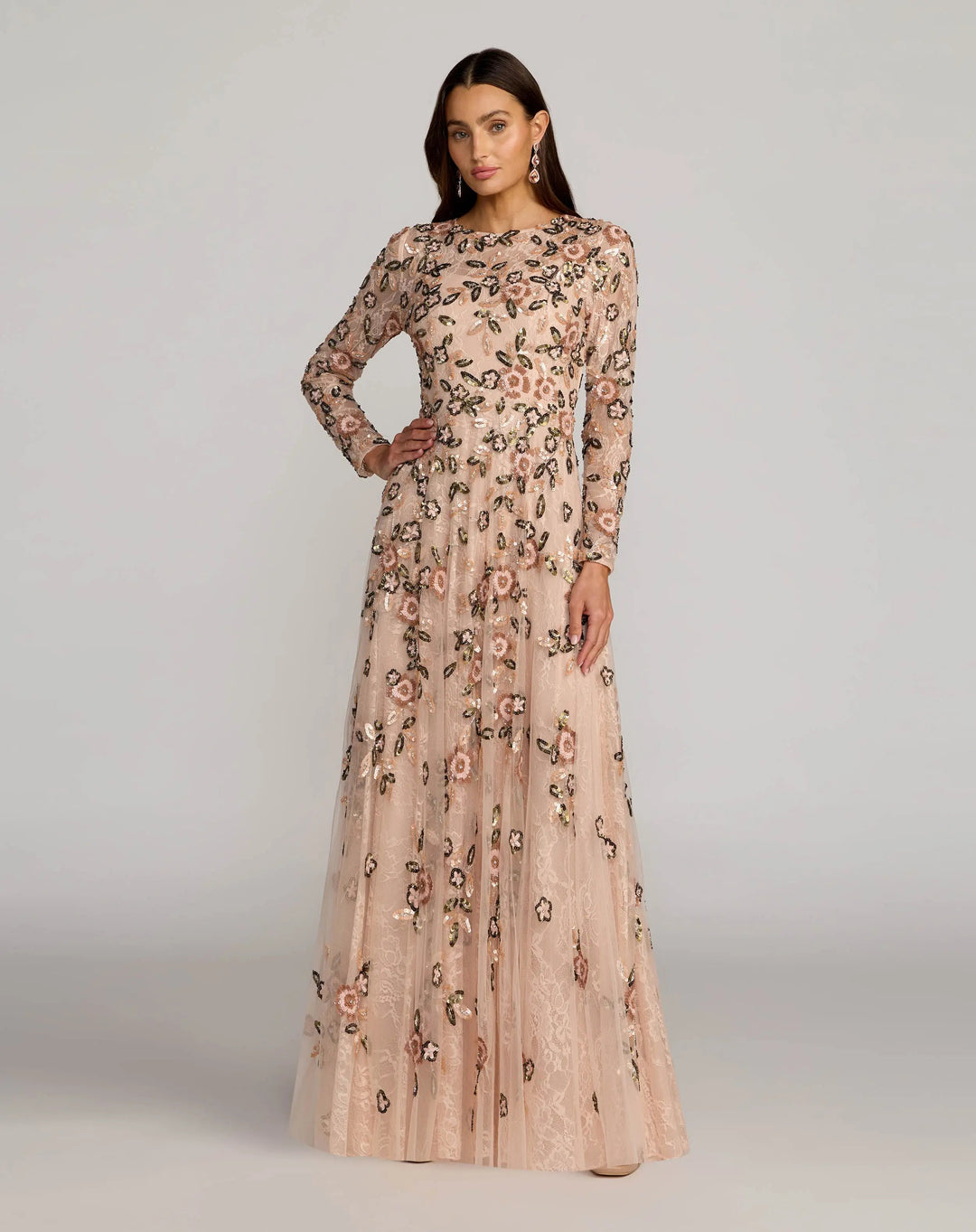 Mac Duggal 6239 Embellished Lace Floral Long Sleeve A-Line Gown