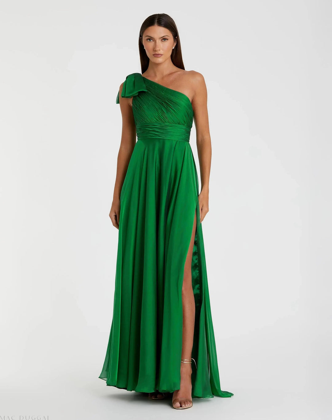 Green Sleeveless One Shoulder Pleated Gown - FOSTANI.com