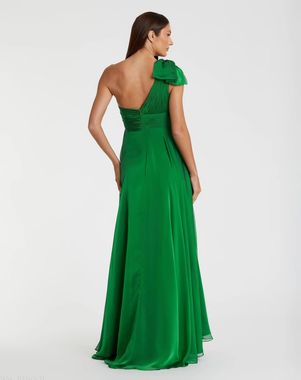 Green Sleeveless One Shoulder Pleated Gown - FOSTANI.com