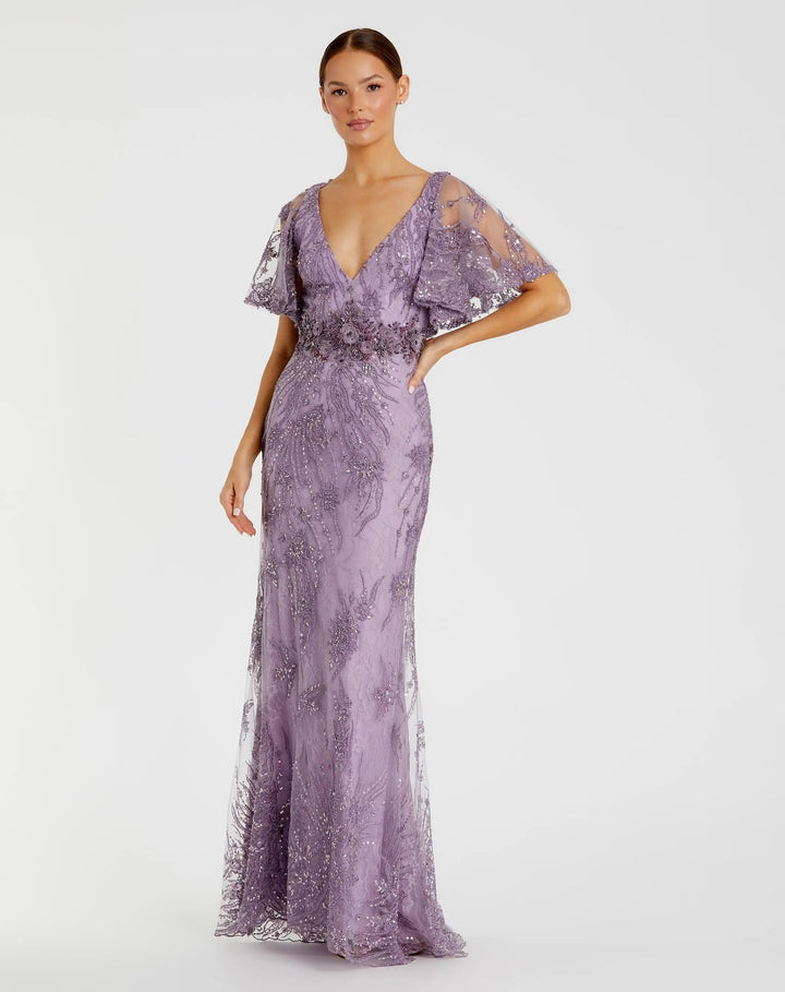 Mac Duggal 67493 Embellished Flutter Sleeve Evening Gown