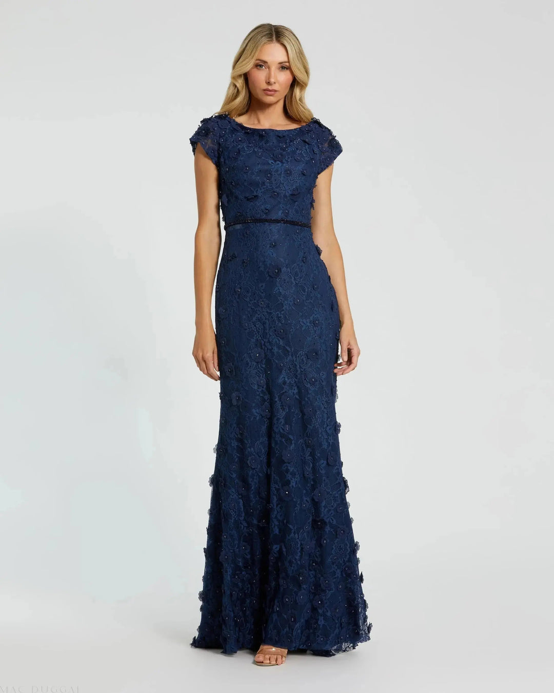 Navy Floral Applique Boat Neck Cap Sleeve Gown - FOSTANI.com